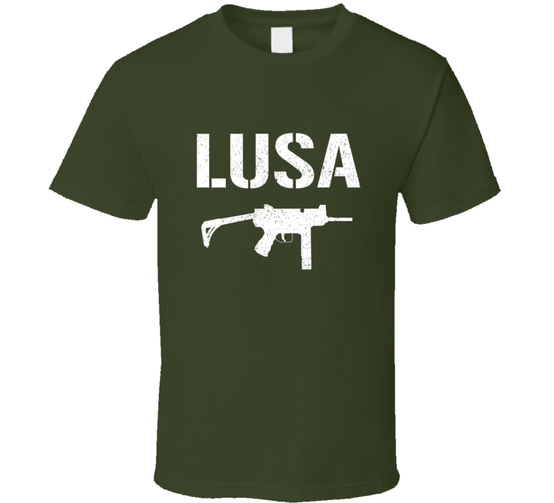 Lusa Submachine Gun Military Distressed T Shirt Lusa Submachine Gun Military Distressed T Shirt